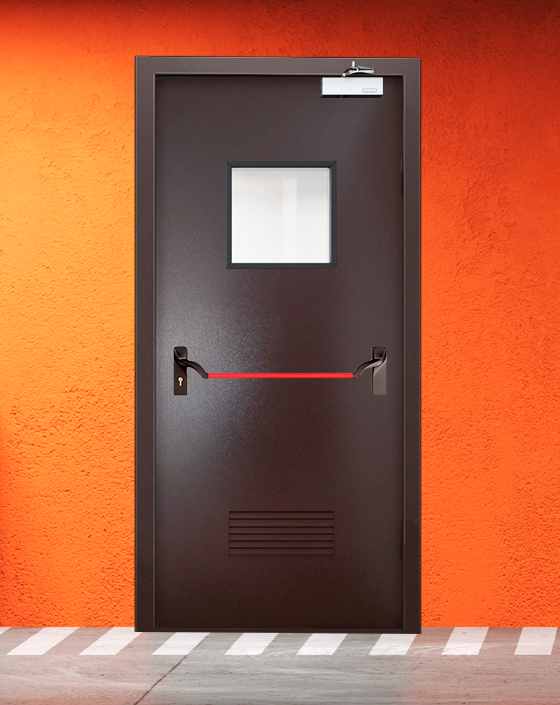 Противопожарная однопольная коричневая дверь порошковым напылением EIWS 45 с ручкой антипаника, квадратным окном, прямоугольной решеткой
