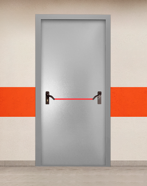 Противопожарная однопольная серая дверь порошковым напылением EIS 45 без доводчика с ручкой антипаника