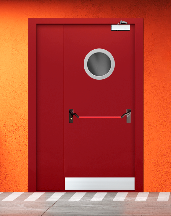 Противопожарная полуторная красная дверь EIW 60 с ручкой антипаника, круглым окном, узким отбойником