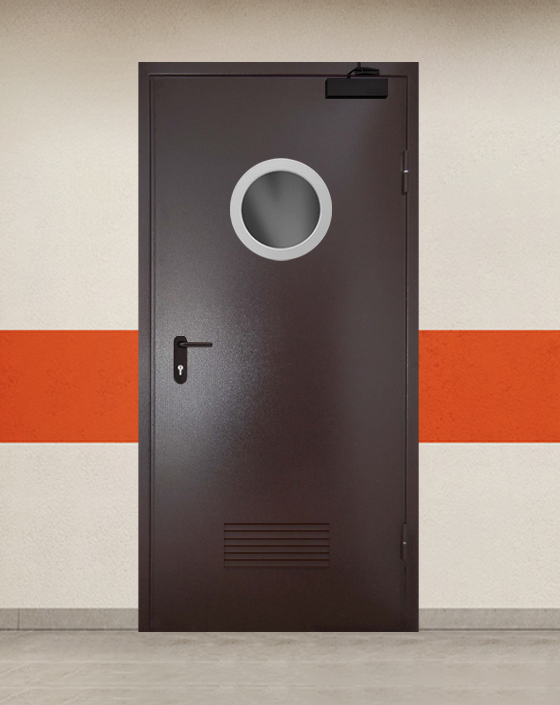 Противопожарная однопольная коричневая дверь порошковым напылением EI 90 с круглым окном, прямоугольной решеткой
