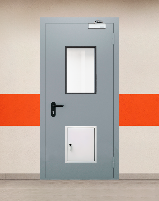 Противопожарная однопольная серая дверь EI 30 (3-го типа) с прямоугольным окном, стыковочным узлом