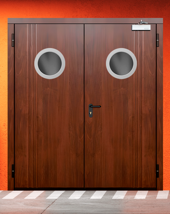 Противопожарная двупольная МДФ коричневая дверь с круглым окном