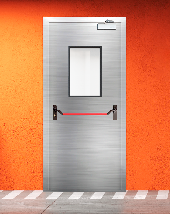Противопожарная однопольная из нержавеющей стали серая дверь EIS 45 с ручкой антипаника, прямоугольным окном
