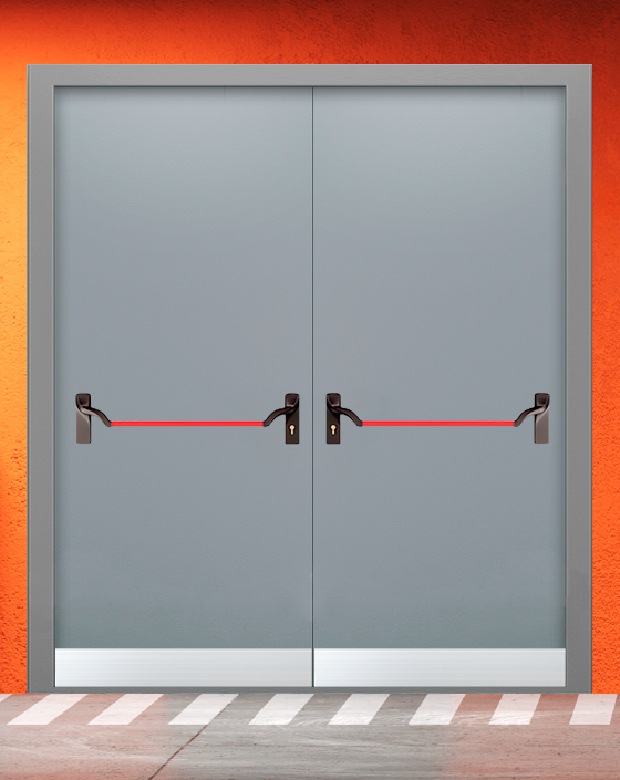Противопожарная двупольная серая дверь EI 30 (3-го типа) без доводчика с ручкой антипаника, узким отбойником