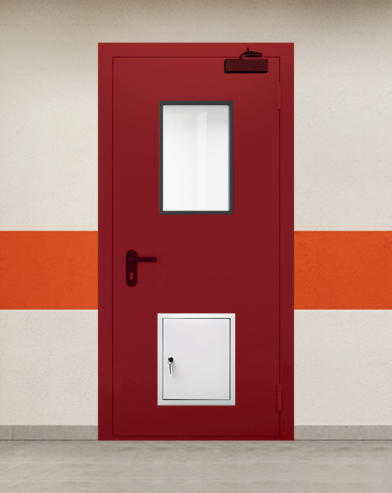 Противопожарная однопольная красная дверь EI 45 с прямоугольным окном, стыковочным узлом