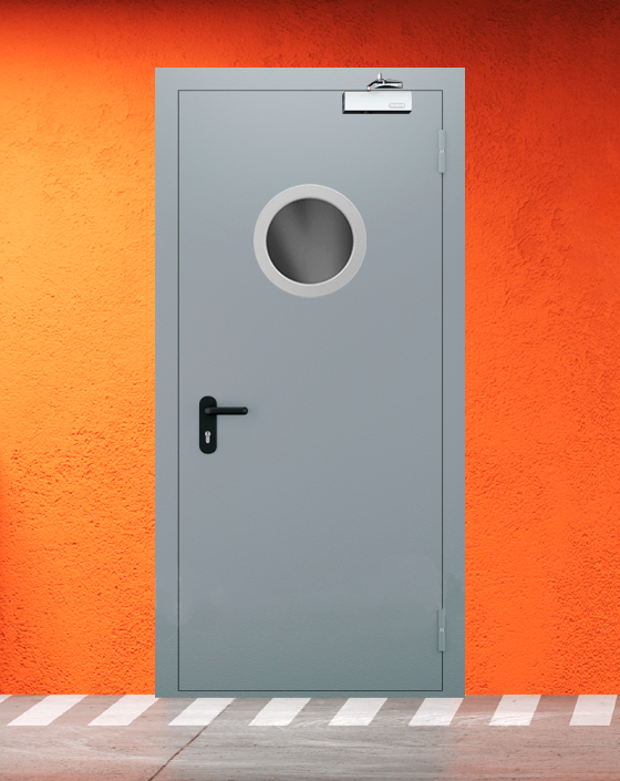 Противопожарная однопольная серая дверь EI 30 (3-го типа) с круглым окном