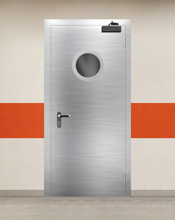 Противопожарная однопольная из нержавеющей стали серая дверь EIWS 30 с круглым окном