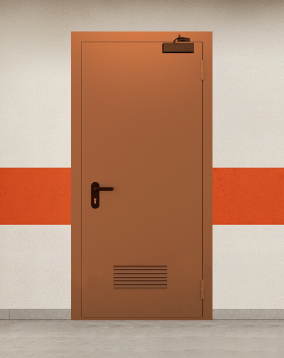 Противопожарная однопольная коричневая дверь EI 45 с прямоугольной решеткой