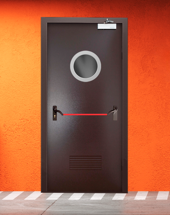 Противопожарная однопольная коричневая дверь порошковым напылением EIWS 45 с ручкой антипаника, круглым окном, прямоугольной решеткой