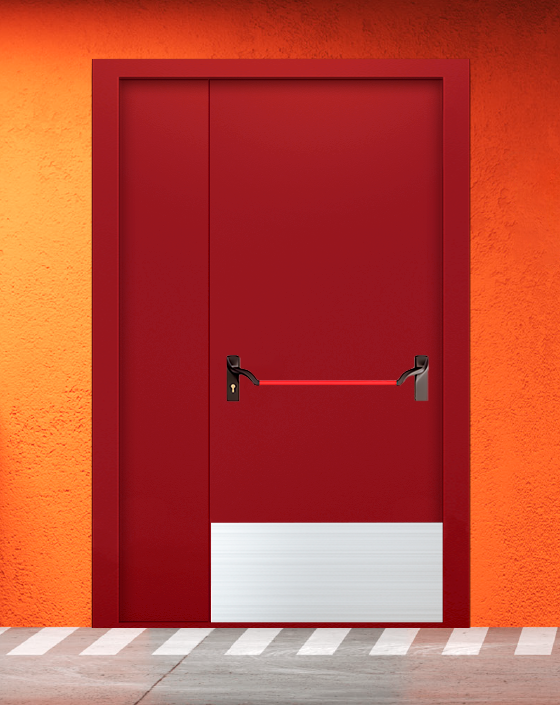 Противопожарная полуторная красная дверь EIW 60 без доводчика с ручкой антипаника, широким отбойником