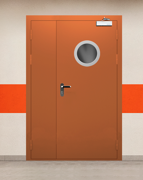 Противопожарная полуторная коричневая дверь EIS 45 с блестящей ручкой, круглым окном