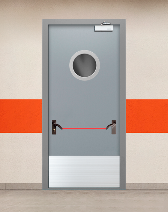 Противопожарная однопольная серая дверь EIS 60 с ручкой антипаника, круглым окном, широким отбойником