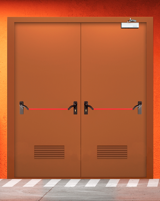 Противопожарная двупольная коричневая дверь EIS 60 с ручкой антипаника, прямоугольной решеткой