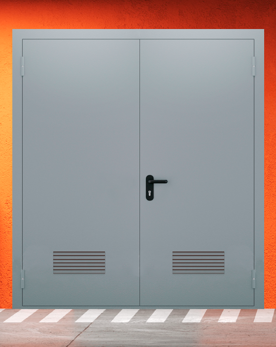 Противопожарная двупольная серая дверь EI-90 без доводчика с прямоугольной решеткой