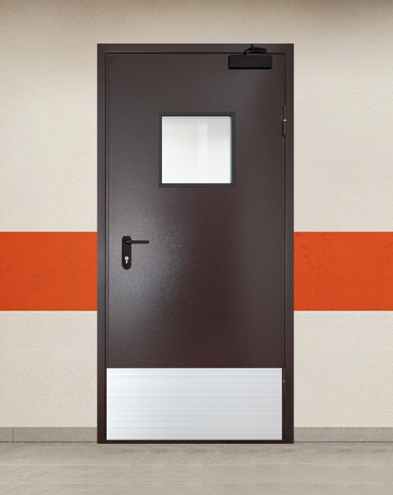 Противопожарная однопольная коричневая дверь порошковым напылением EI 90 с квадратным окном, широким отбойником