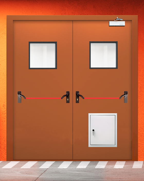 Противопожарная двупольная коричневая дверь EIS 60 с ручкой антипаника, квадратным окном, стыковочным узлом