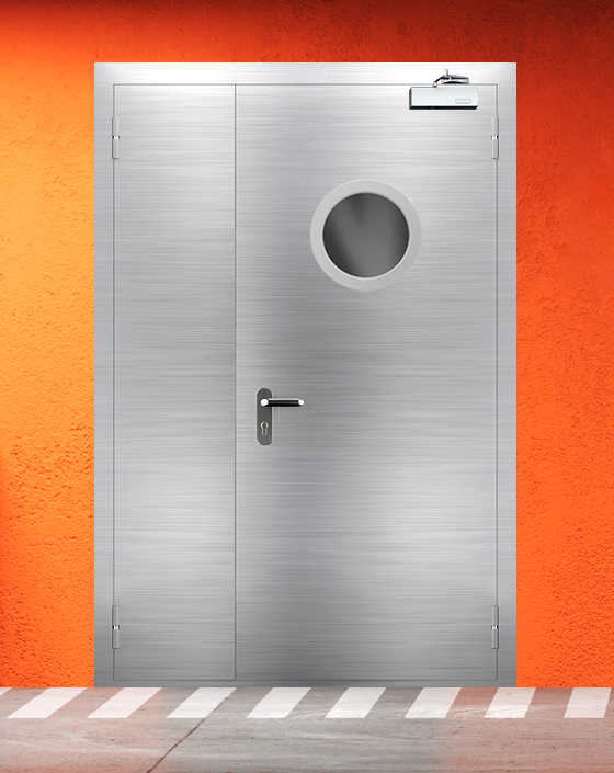 Противопожарная полуторная из нержавеющей стали серая дверь EIS 30 с круглым окном