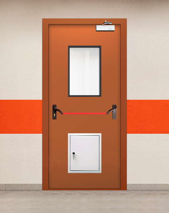 Противопожарная однопольная коричневая дверь EIW 60 с ручкой антипаника, прямоугольным окном, стыковочным узлом