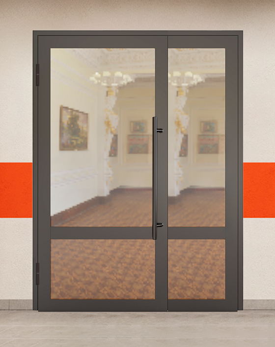 Противопожарная полуторная светопрозрачная стальная коричневая дверь EIW 60 без доводчика с ручками скобами