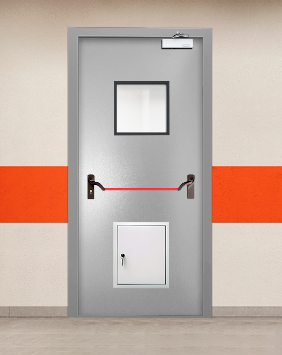 Противопожарная однопольная серая дверь порошковым напылением EIS 45 с ручкой антипаника, квадратным окном, стыковочным узлом