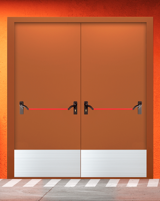 Противопожарная двупольная коричневая дверь EIS 60 без доводчика с ручкой антипаника, широким отбойником