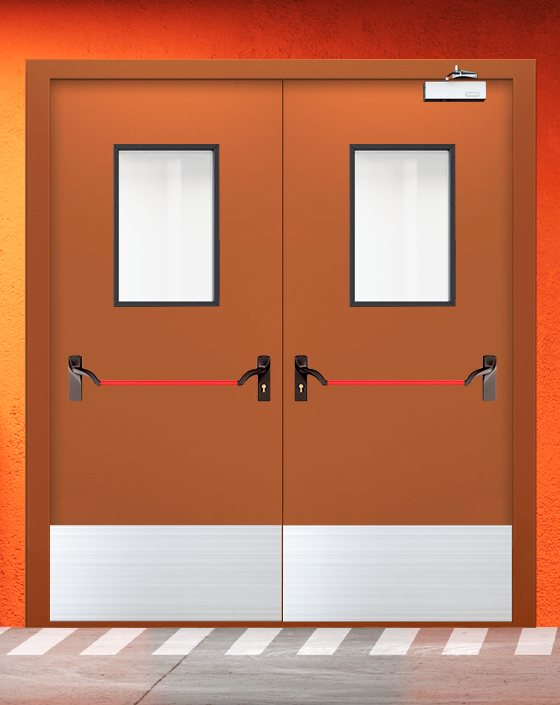 Противопожарная двупольная коричневая дверь EIS 60 с ручкой антипаника, прямоугольным окном, широким отбойником