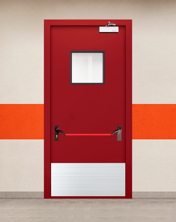 Противопожарная однопольная красная дверь EIWS 60 с ручкой антипаника, квадратным окном, широким отбойником