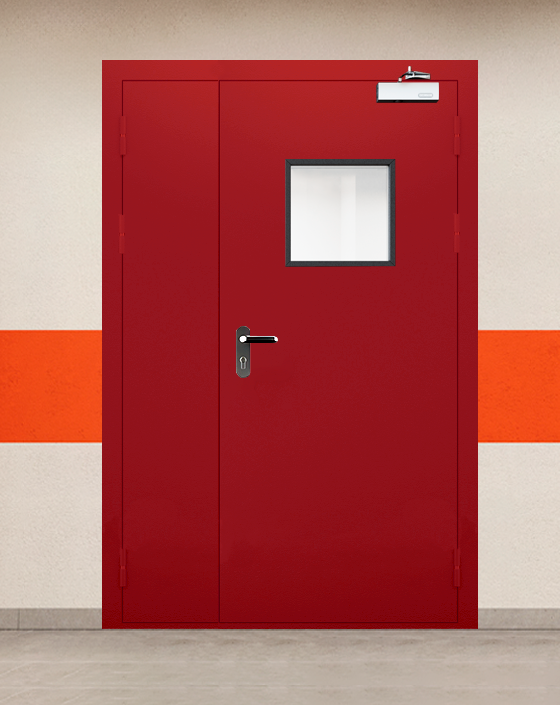 Противопожарная полуторная красная дверь EIWS 30 с блестящей ручкой, квадратным окном