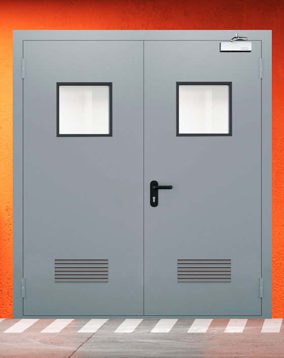 Противопожарная двупольная серая дверь EI-90 с квадратным окном, прямоугольной решеткой