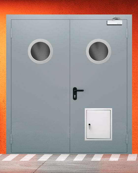 Противопожарная двупольная серая дверь EI-90 с круглым окном, стыковочным узлом