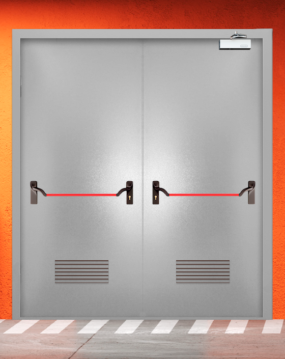 Противопожарная двупольная серая дверь порошковым напылением EIS 30 с ручкой антипаника, прямоугольной решеткой