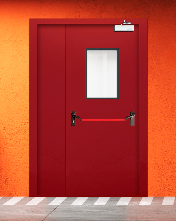 Противопожарная полуторная красная дверь EIW 60 с ручкой антипаника, прямоугольным окном