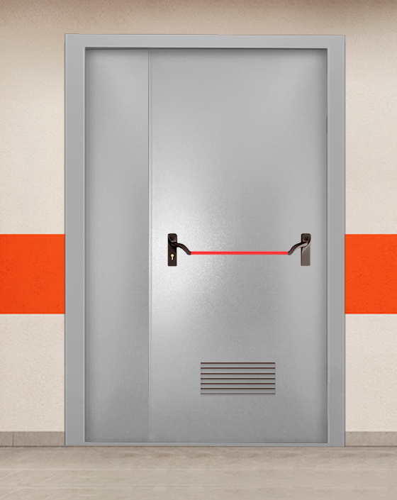 Противопожарная полуторная серая дверь порошковым напылением EI-90 без доводчика с ручкой антипаника, прямоугольной решеткой