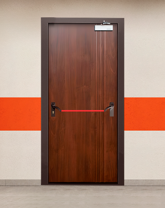 Противопожарная однопольная МДФ коричневая дверь с ручкой антипаника