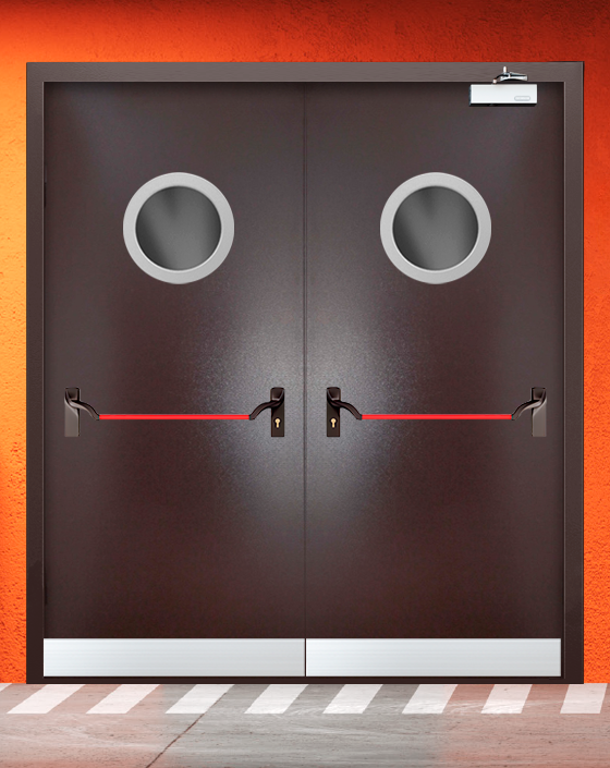 Противопожарная двупольная коричневая дверь порошковым напылением EIWS 60 с ручкой антипаника, круглым окном, узким отбойником