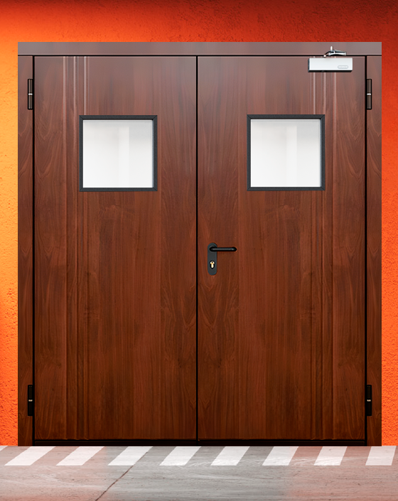 Противопожарная двупольная МДФ коричневая дверь с квадратным окном