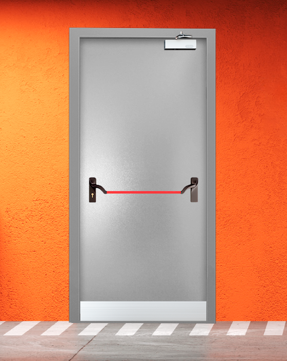 Противопожарная однопольная серая дверь порошковым напылением EIS 45 с ручкой антипаника, узким отбойником