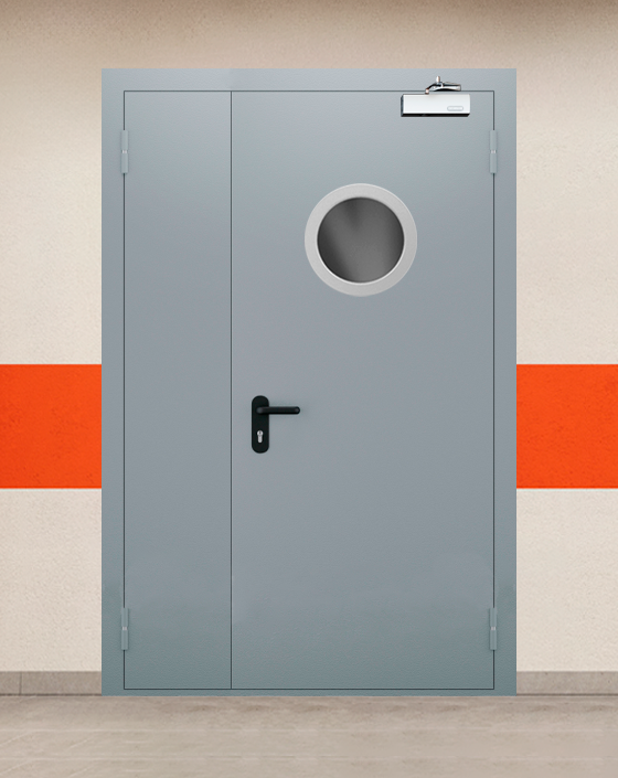 Противопожарная полуторная серая дверь EI 30 (3-го типа) с круглым окном