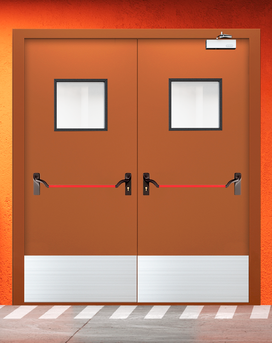 Противопожарная двупольная коричневая дверь EIS 60 с ручкой антипаника, квадратным окном, широким отбойником