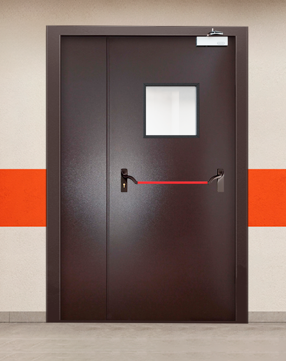 Противопожарная полуторная коричневая дверь порошковым напылением EIS 90 с ручкой антипаника, квадратным окном