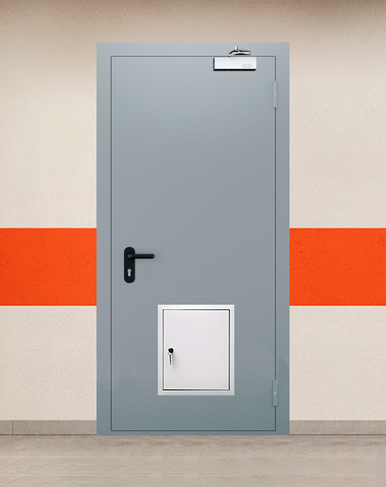 Противопожарная однопольная серая дверь EI 30 (3-го типа) с стыковочным узлом