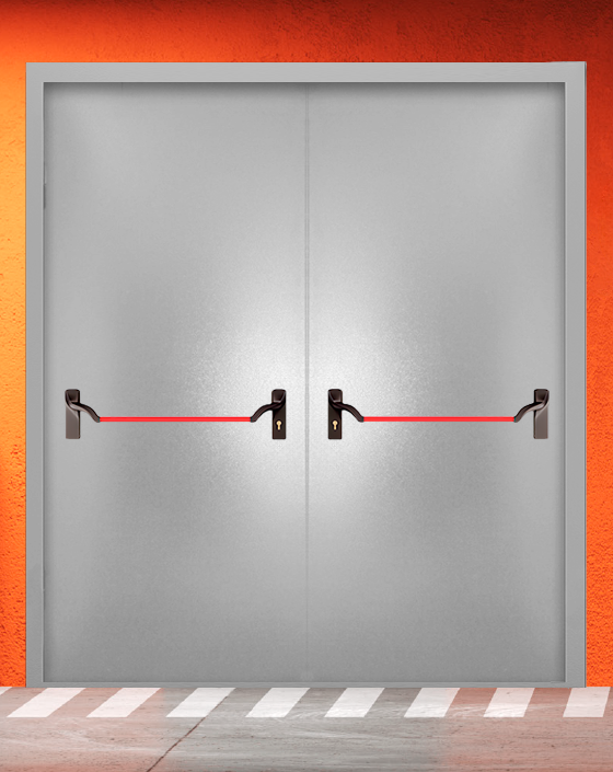 Противопожарная двупольная серая дверь порошковым напылением EIS 30 без доводчика с ручкой антипаника