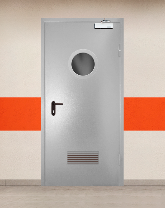 Противопожарная однопольная серая дверь порошковым напылением EI 45 с круглым окном, прямоугольной решеткой