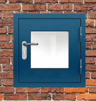 Люк металлический синий с окном и блестящей ручкой