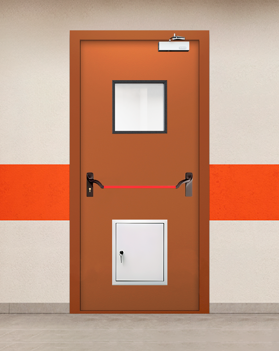 Противопожарная однопольная коричневая дверь EIW 60 с ручкой антипаника, квадратным окном, стыковочным узлом