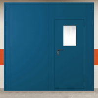 Ворота металлические двустворчатые синие с дверью и окном без доводчика