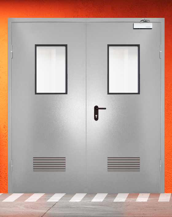Противопожарная двупольная серая дверь порошковым напылением EIW 30 с прямоугольным окном, прямоугольной решеткой