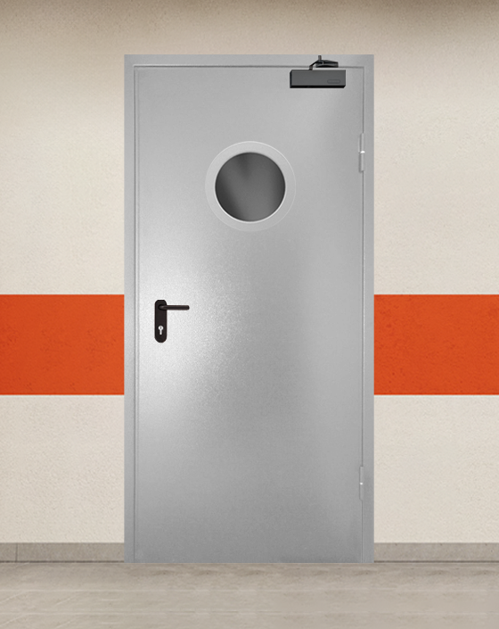 Противопожарная однопольная серая дверь порошковым напылением EI 90 с круглым окном