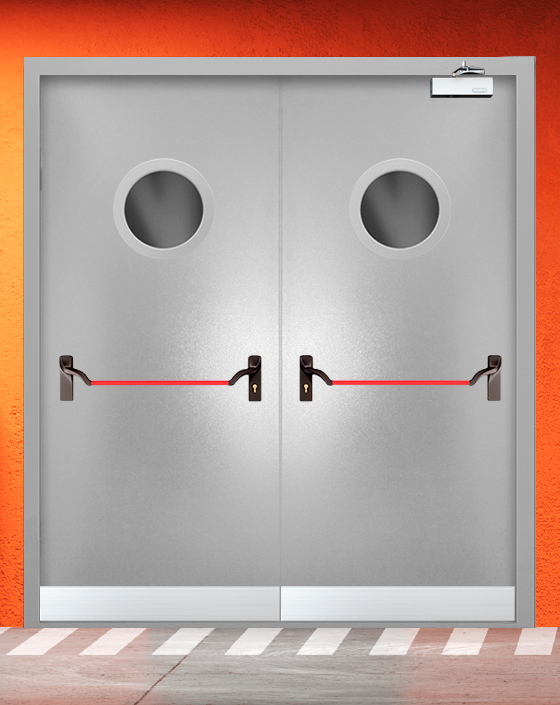 Противопожарная двупольная серая дверь порошковым напылением EIS 30 с ручкой антипаника, круглым окном, узким отбойником