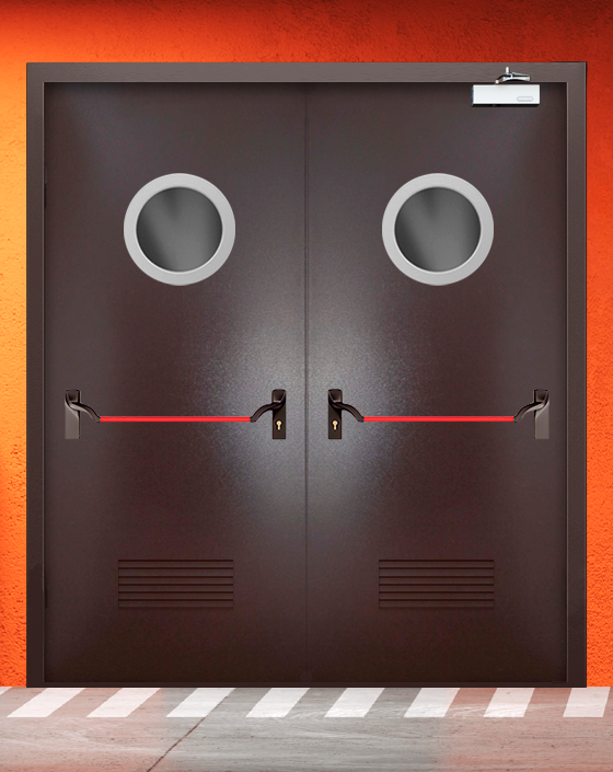 Противопожарная двупольная коричневая дверь порошковым напылением EIWS 60 с ручкой антипаника, круглым окном, прямоугольной решеткой